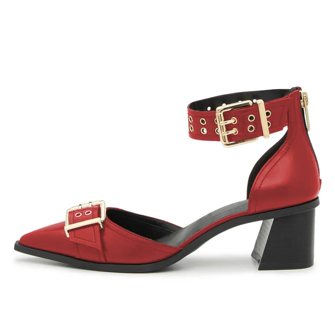 Red Pointed Toe Grommet Strap Block Heel Buckle Pumps for Women