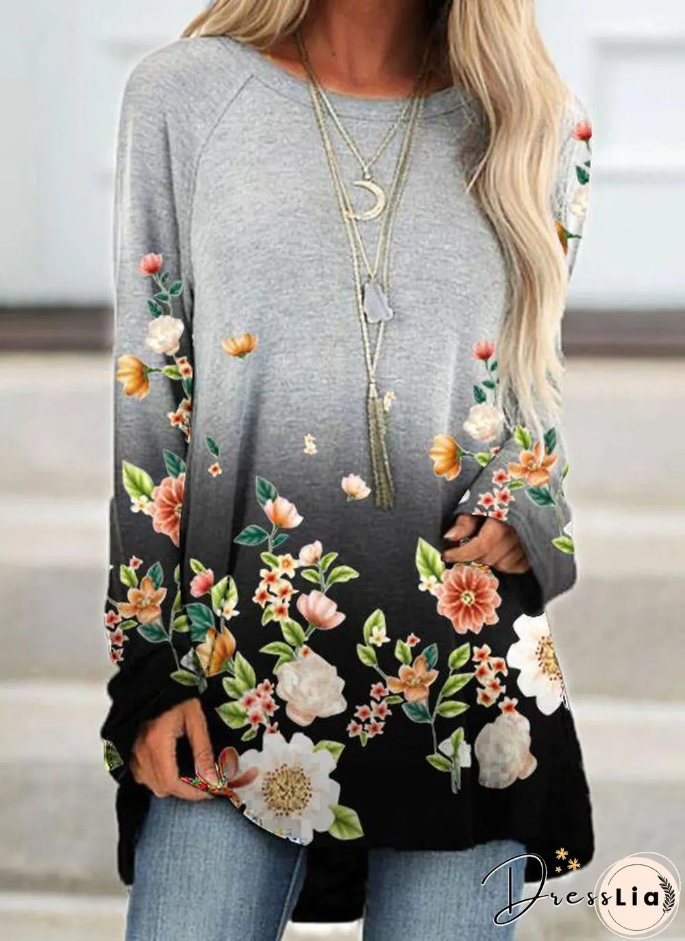 Gradient Color Retro Long Sleeve Top