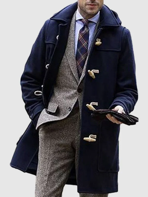 Men's solid color Longline Warm lapel Woolen Coat