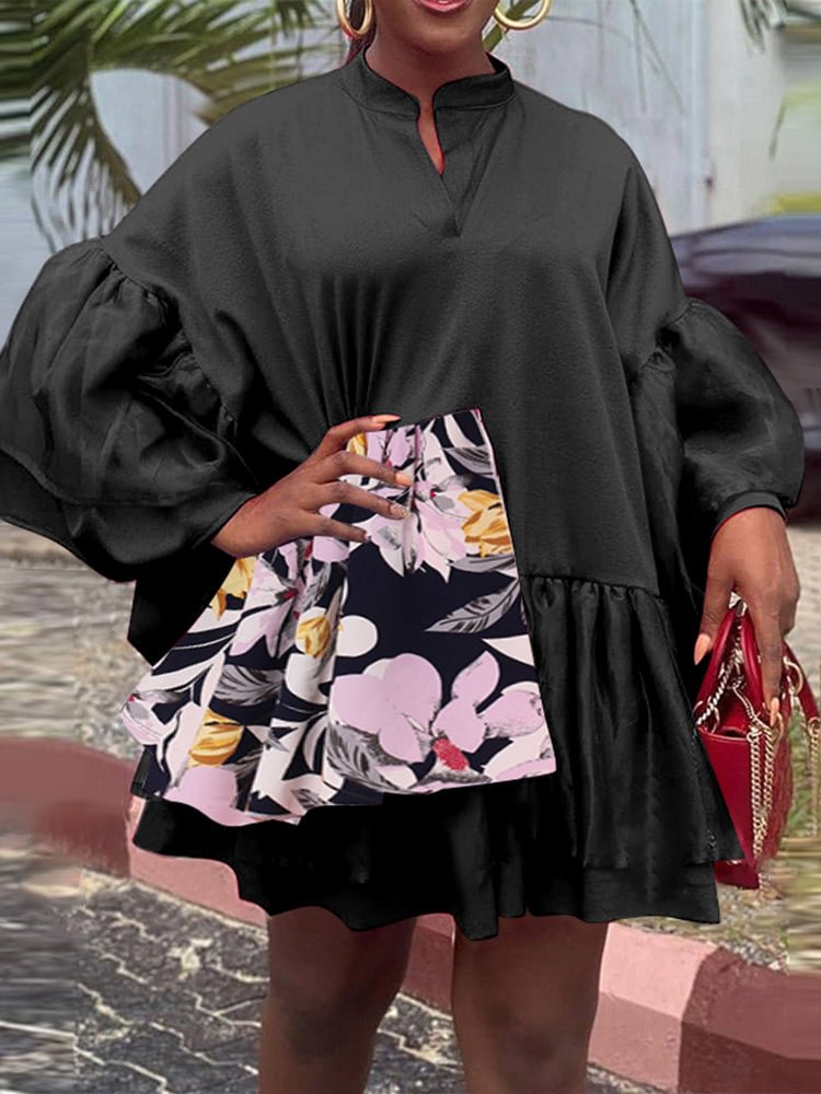 Large size stitching V-neck long-sleeved ruffle dress SKUI13839 QueenFunky