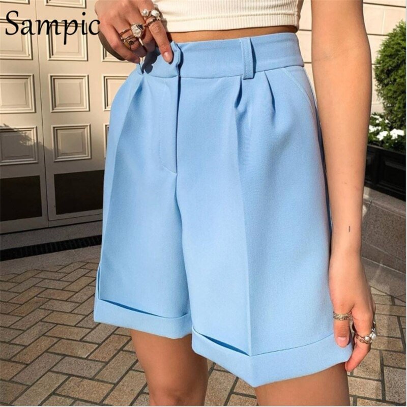 Sampic Fashion Summer 2021 Sexy Women Trouser Casual Khaki High Waisted Shorts Office Ladies Loose Chic Blazer Mini Shorts