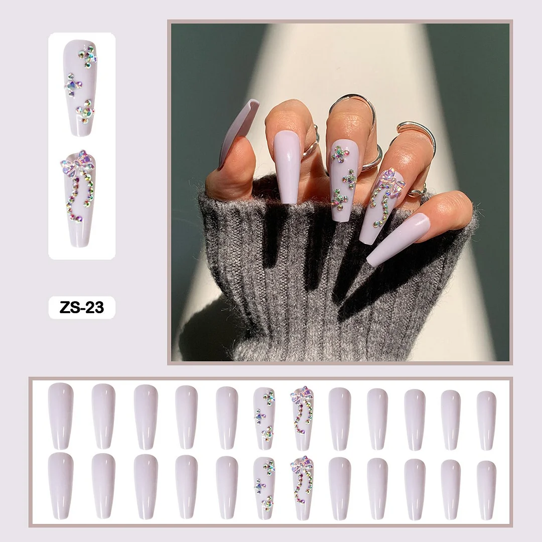 24pcs/box  Long Trapezoid Fake Nails  WIth Jewels Decorated Wearabel False Nails With Glue And Wearing Tools-Nail Inspo