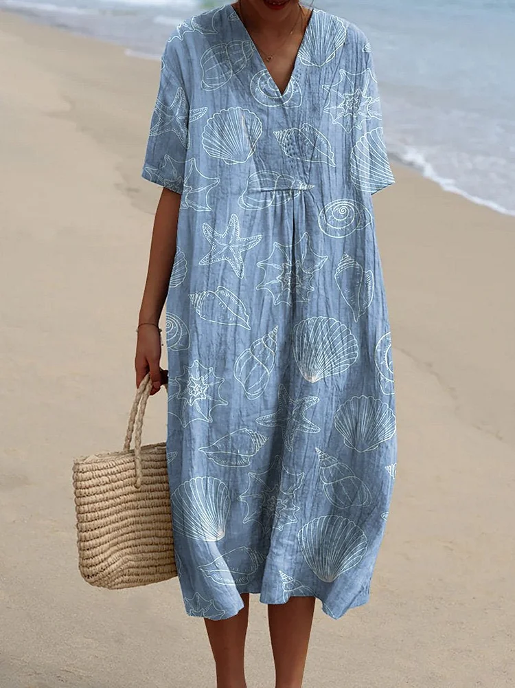Summer Blue Sea Shell Pattern Printed Women's Flowy Dress