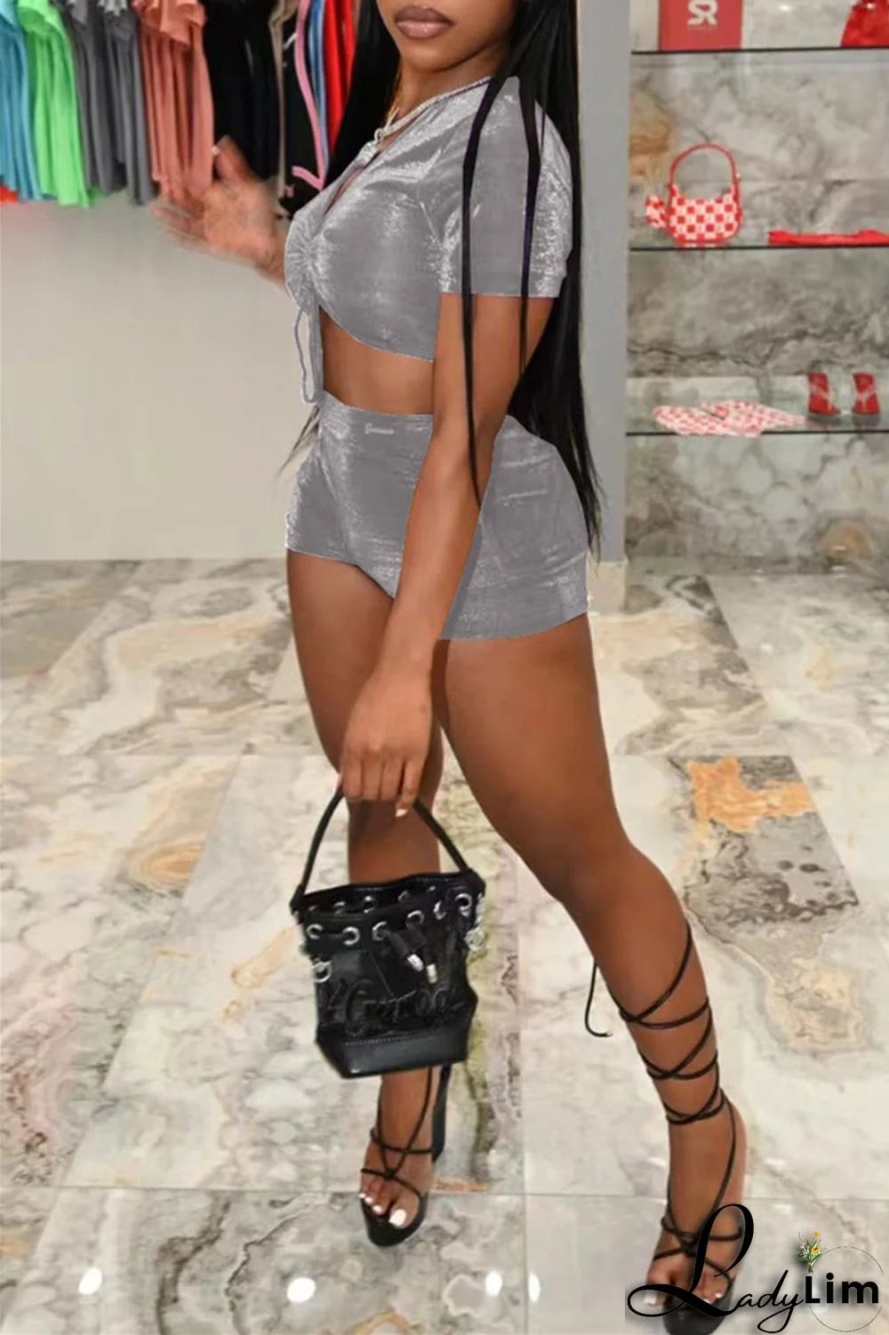 Purple Fashion Casual Solid Draw String Frenulum V Neck Short Sleeve Two Pieces