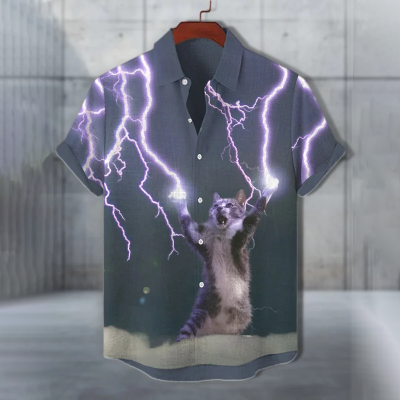 Men's  Cat And Lightning Fun Art Casual Short Sleeve Shirts  artssus