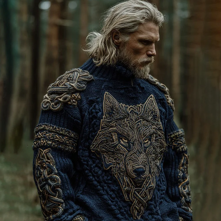 Men's Vintage Viking Wolf Pattern Knit Pullover Sweater
