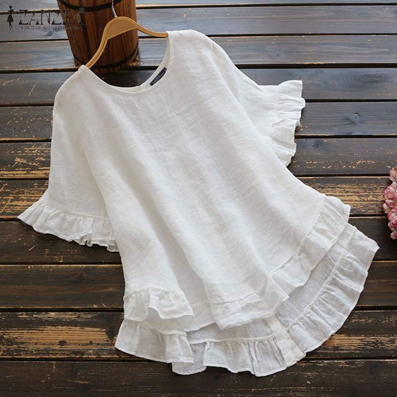 Women's Summer Blouse ZANZEA 2022 Kaftan Ruffle Shirts Casual Half Sleeve Blusas Female O Neck Solid Tunic  Tops S-