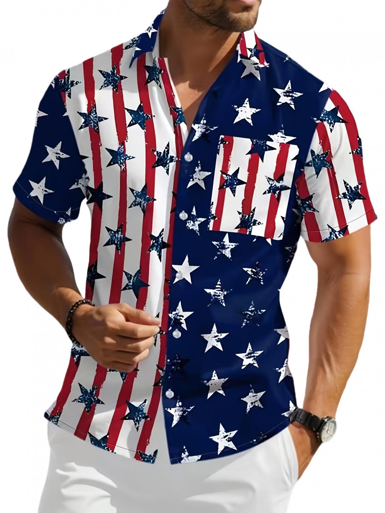 Men'S Short-Sleeve Button Up Shirt, Casual Party Shirt with Flag Print, Perfect for a Holiday Vibe And Casual Gatherings, Menswear