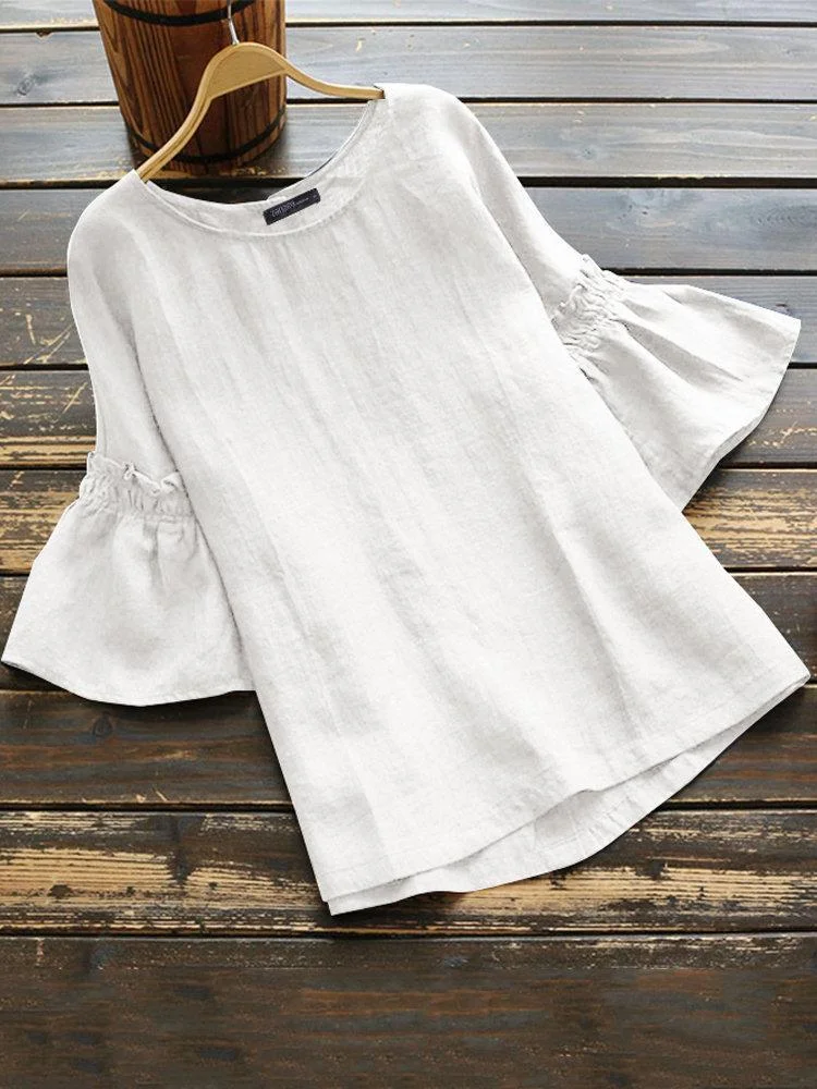 New summer solid color round neck blouse with ruffled sleeves shirt