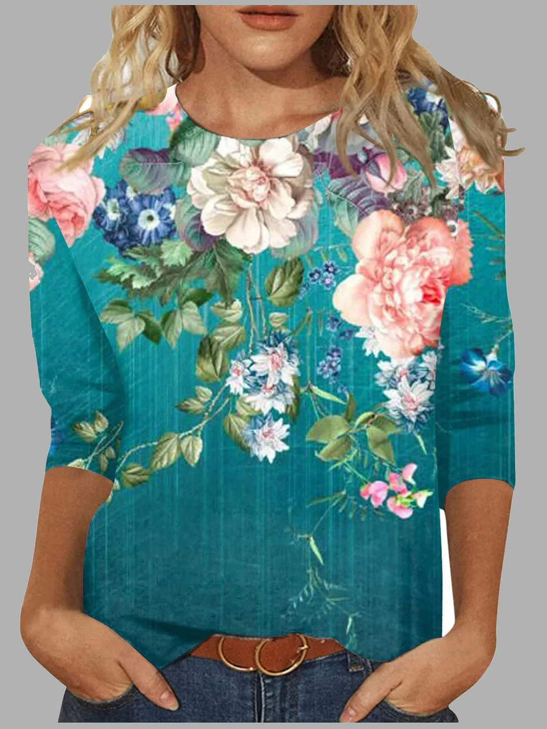 Women's Floral Graphic Pattern Solid Color Scoop Neck 3/4 Sleeve Top
