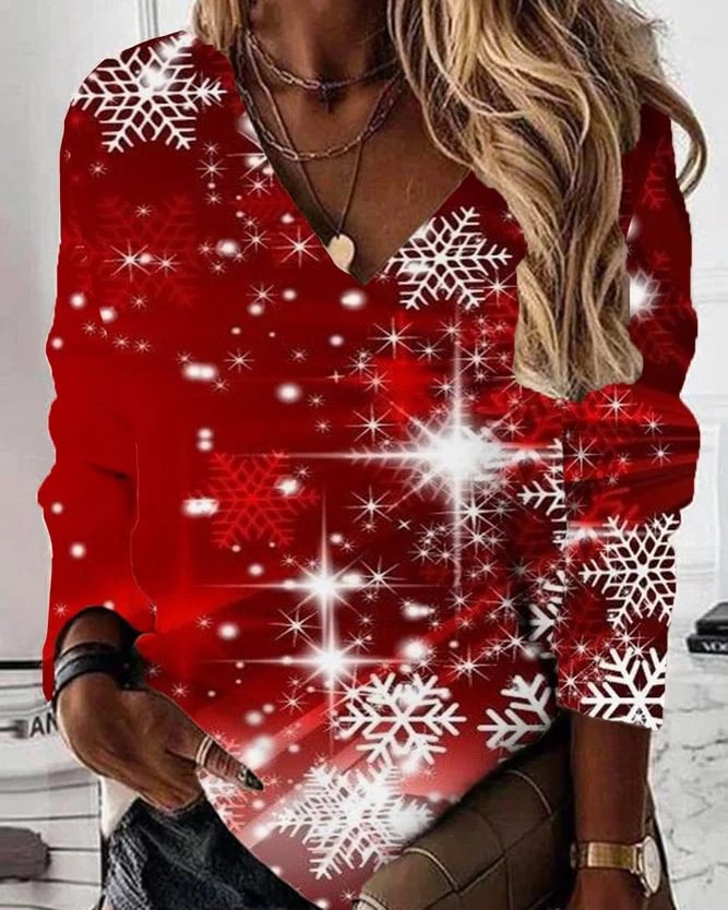 Winter Christmas Jumper Red Loose Long Sleeved T-Shirt