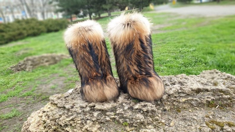 Raccoon women winter fur boots Furry Mukluks
