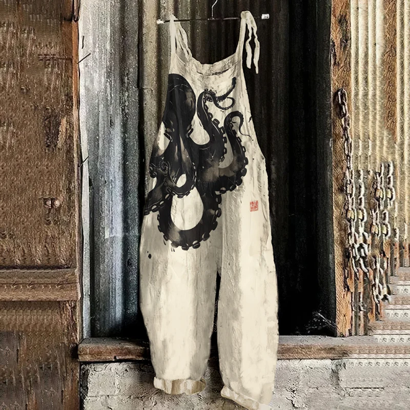 Retro Japanese Art Octopus Print Casual Loose Jumpsuit
