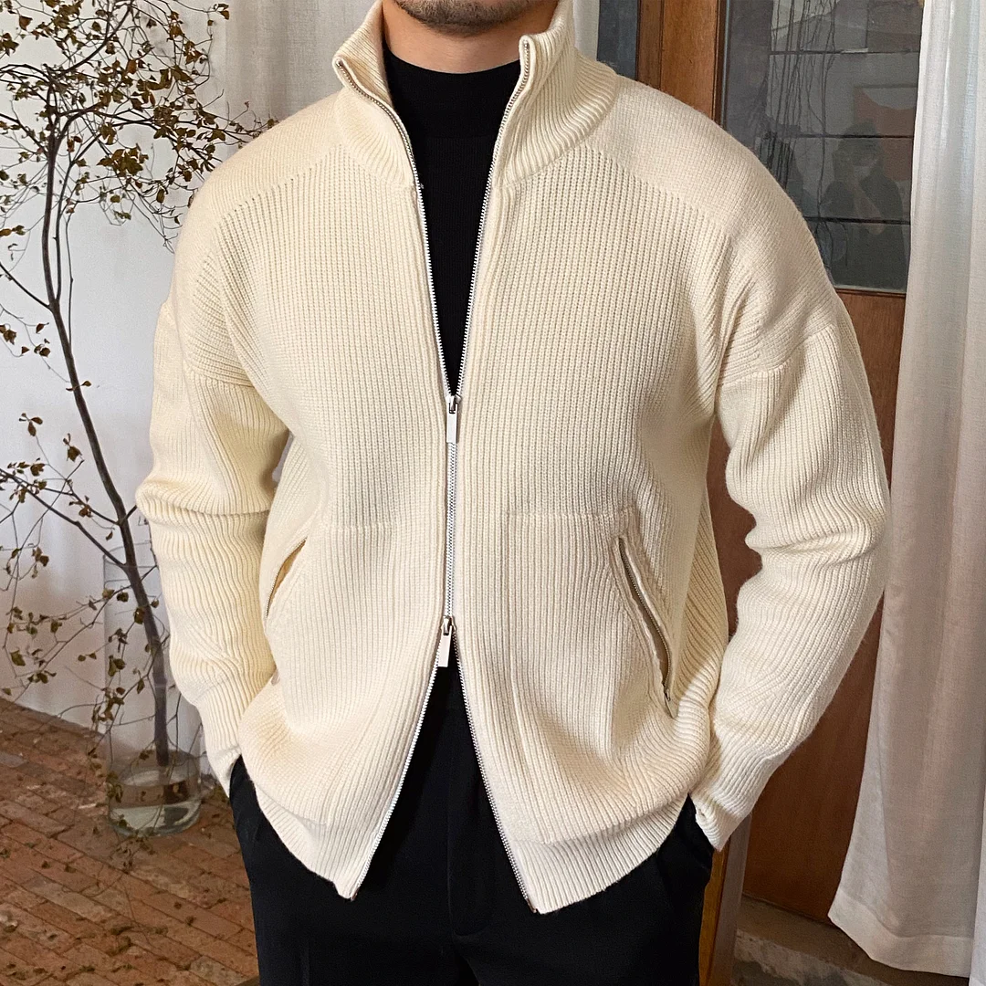 Retro Men's Oversized Casual Stand Collar Long Sleeve Cardigan Knit Sweater