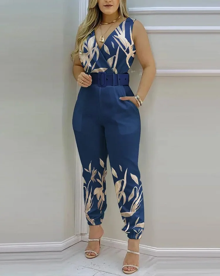 Casual V-neck Backless Printed High-waist Jumpsuit