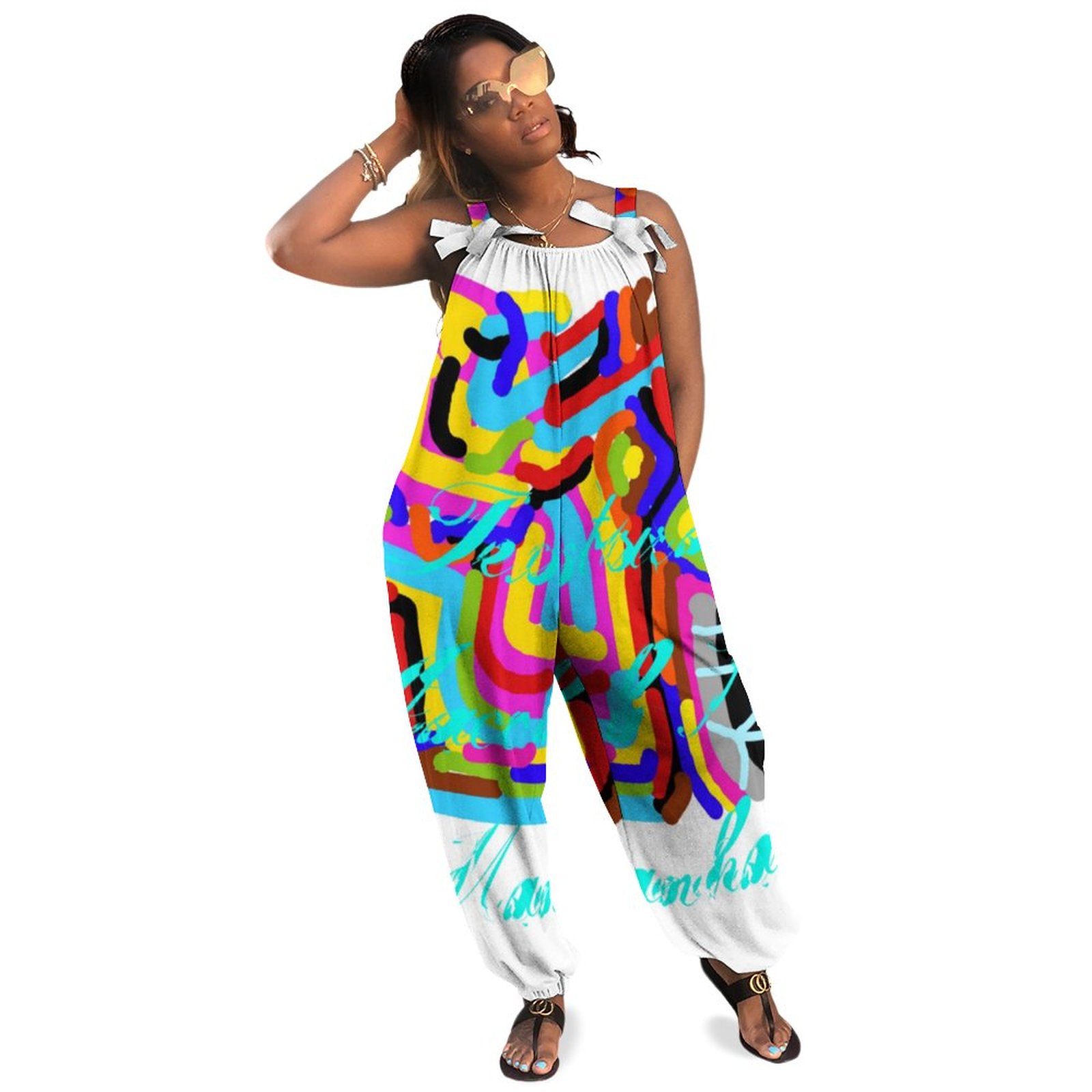 Women Loose Harem Jumpsuit Sleeveless Plus Size Leggin Design Textura Dressy Spandex Plunge Bow Tie Casual Long Length Polyester