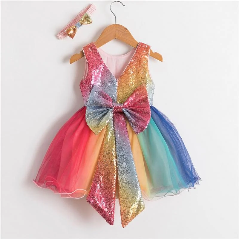 Rainbow Color Princess Party Dress For Girls Big Bowknot 1 Year Old Birthday Costume Luxury Shining Sequined Girl Frocks Dress