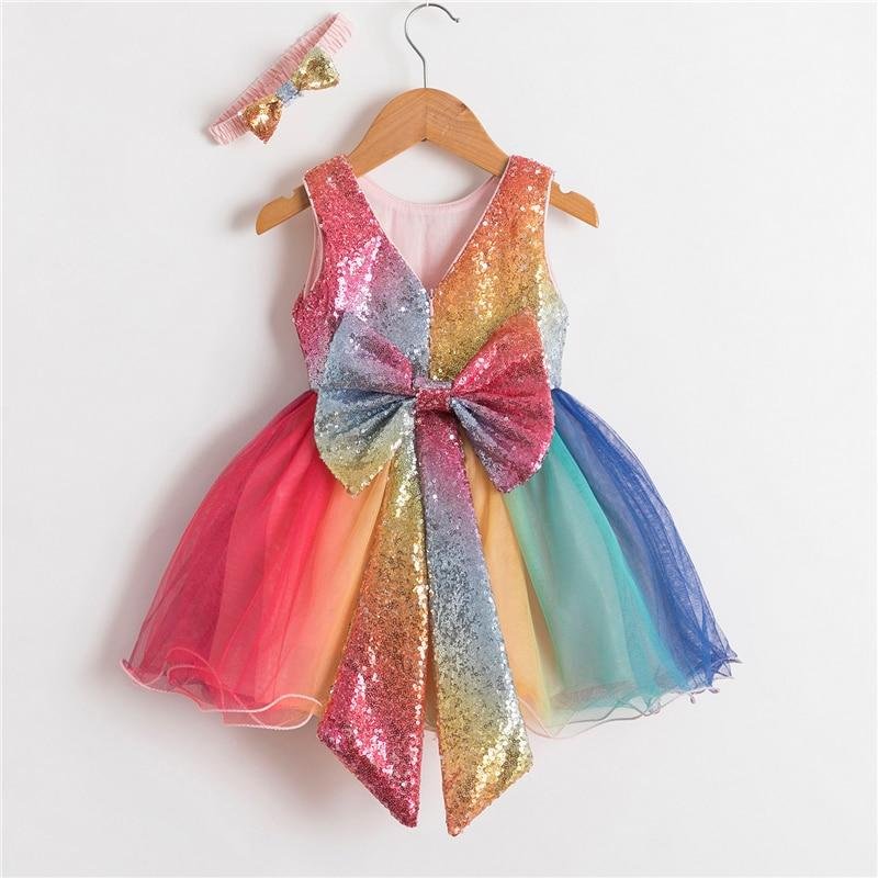 Rainbow Color Princess Party Dress For Girls Big Bowknot 1 Year Old Birthday Costume Luxury Shining Sequined Girl Frocks Dress