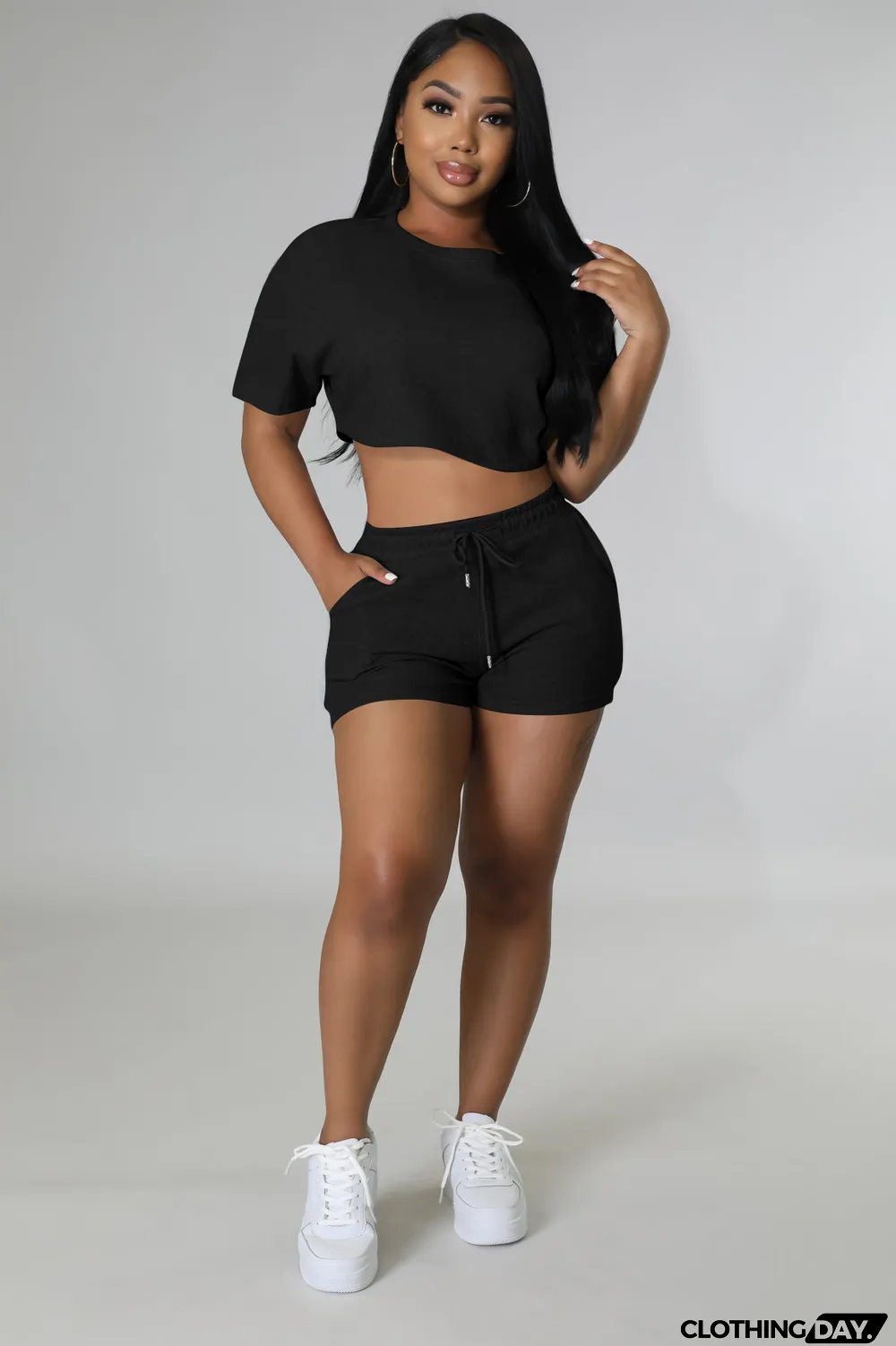 Short Sleeve Solid Crop Tops And Shorts 2 Piece Set