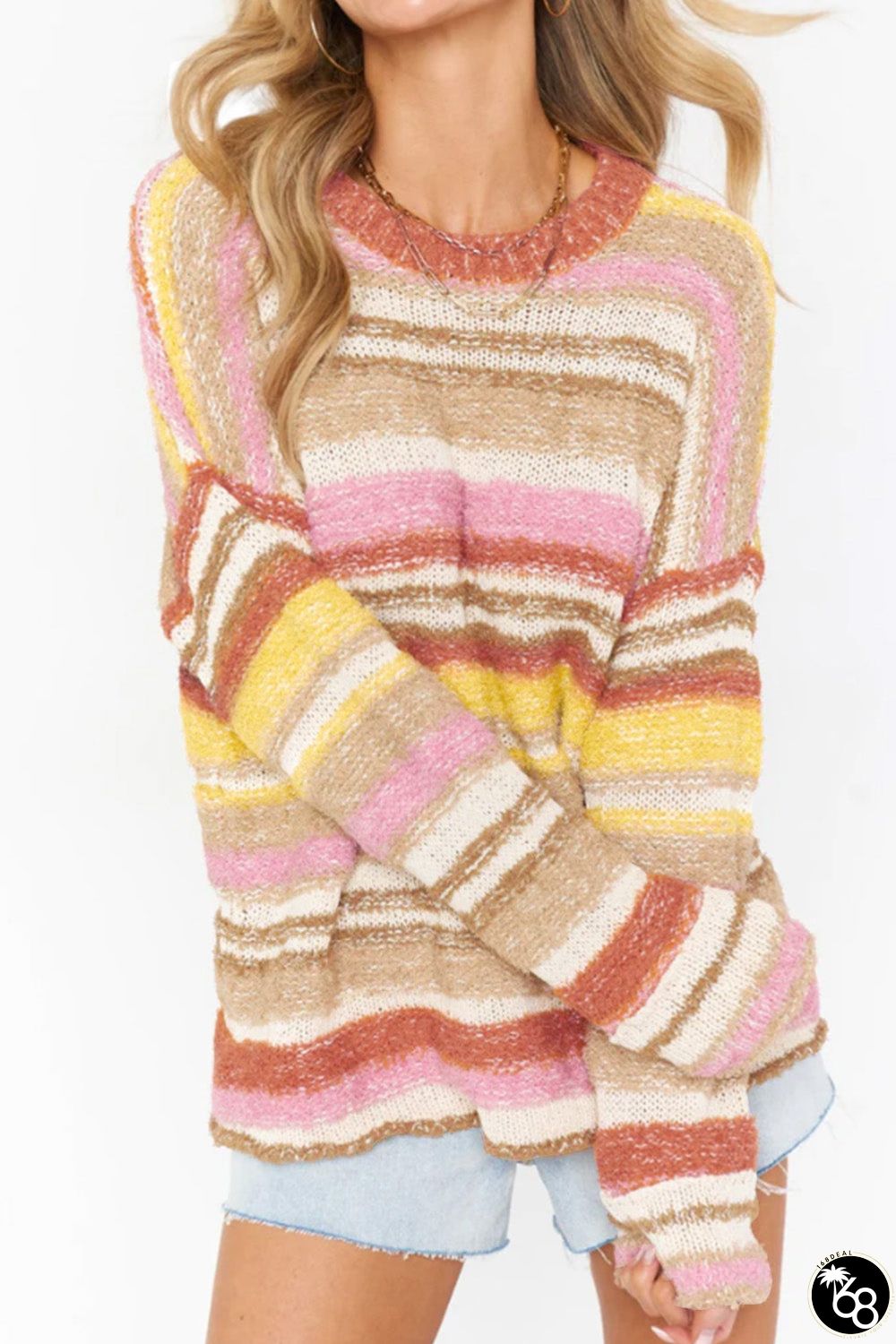 Multicolor Striped Knit Drop Shoulder Sweater | 168DEAL