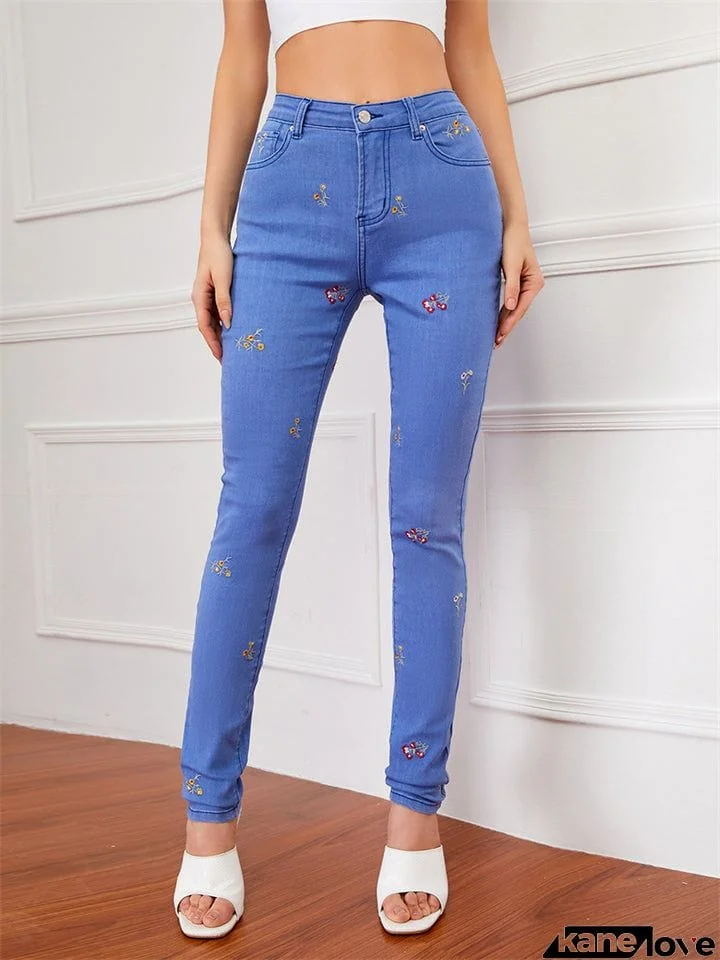 Campus Style Lovely Small Floral Embroidery Slim Fit Blue Denim Jeans