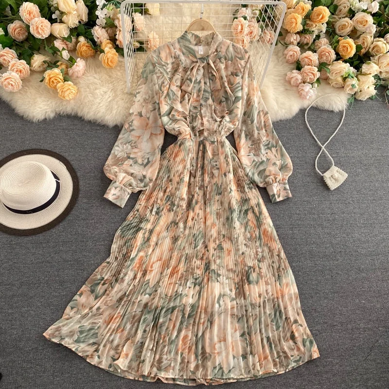 Croysier Dresses For Women 2021 Elegant Bow Tie Neck Vintage Floral Midi Dress Long Sleeve Spring Autumn Chiffon Pleated Dress