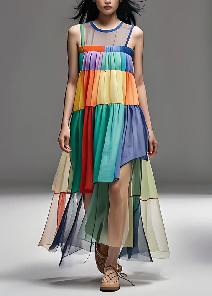 Pre sale - shipping in 15 days/Fashion Loose Colorblock O Neck Tulle Patchwork Cotton Dresses Sleeveless