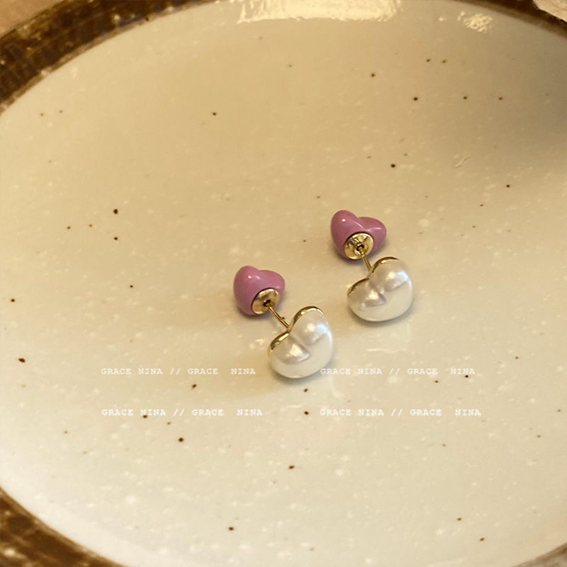Dual-Sided Heart & Pearl Stud Earrings - Chic Sweet Elegance