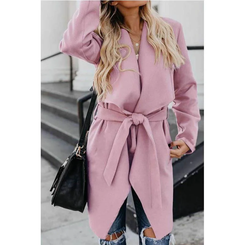 Women's Lapel Wrap Belted Pea Coat Jacket Casual Long Sleeve Dress Trench Coats with Pockets