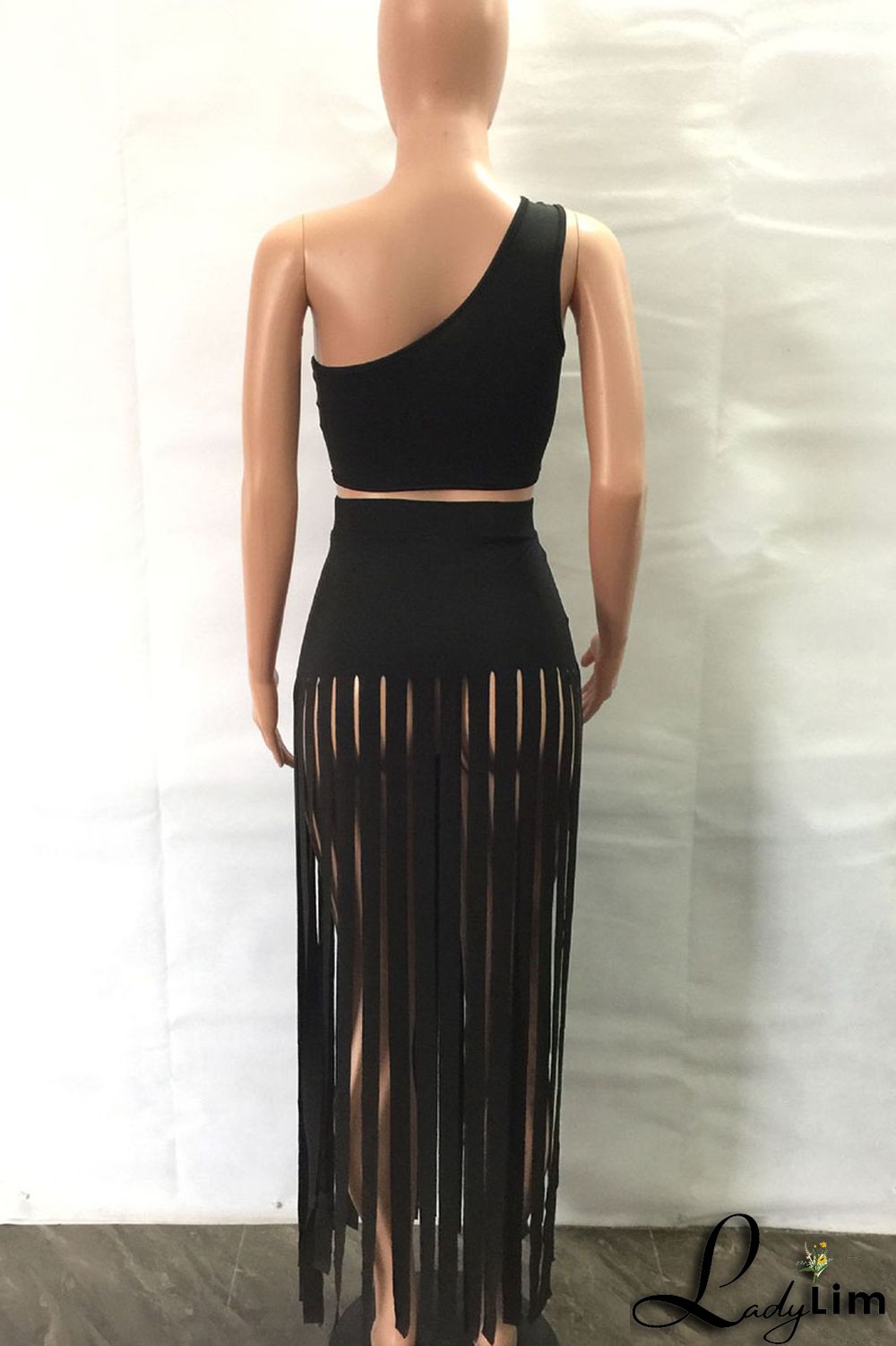 Black Sexy Solid Tassel Patchwork Oblique Collar Two Pieces