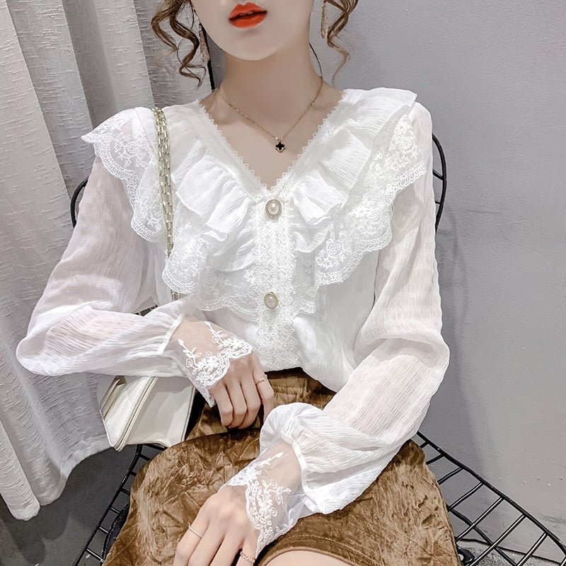 New Fashion V-neck White Women's Long Sleeve Top Elegant Ruffle Stitching Blouse Casual Lace Vintage Chiffon Shirt Blusas  16334