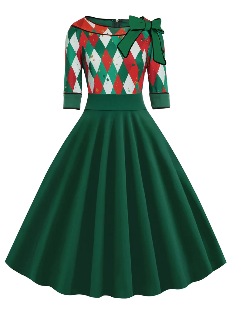 Pre-Sale Red 1950s Christmas Plaids Bow Decor Dress