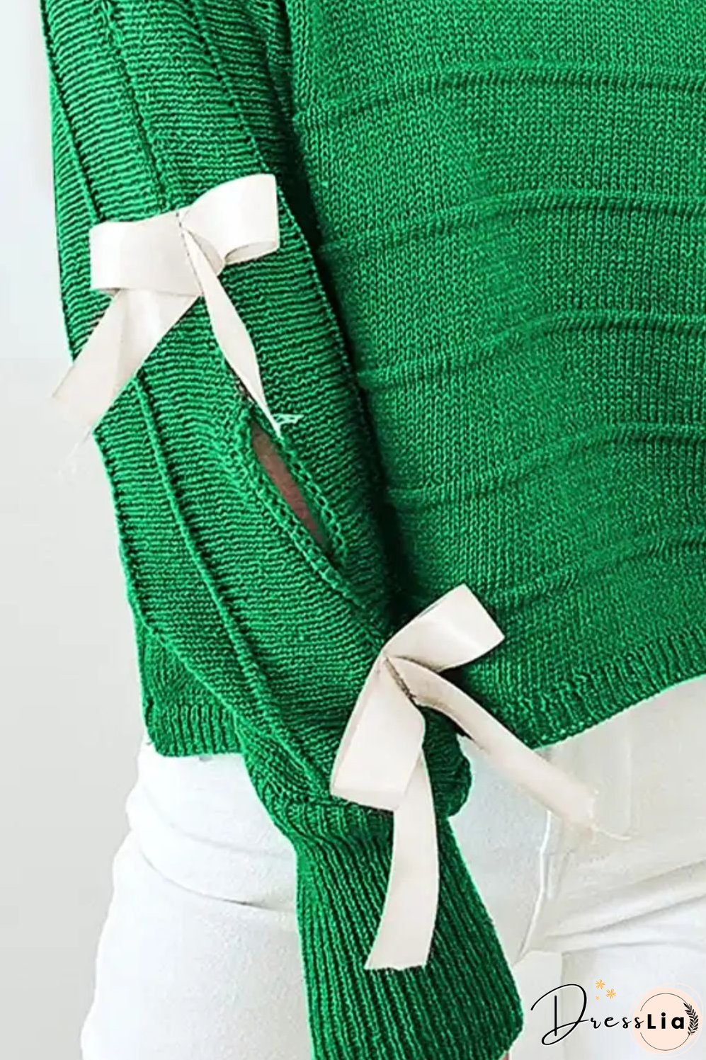 Bow Cutout Round Neck Long Sleeve Knit Top