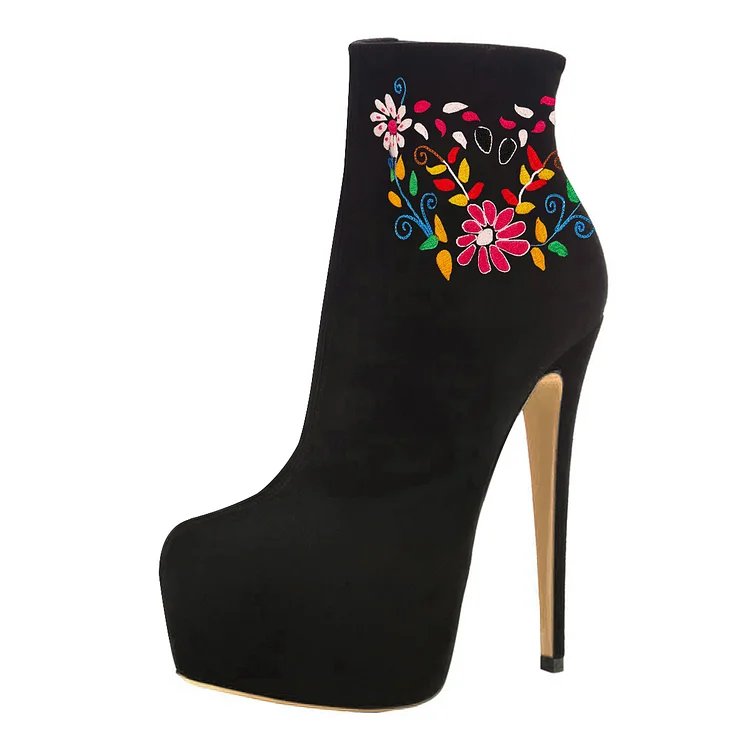 Black Platform Boots Floral Stiletto Heels Ankle Boots Stripper Shoes |FSJ Shoes