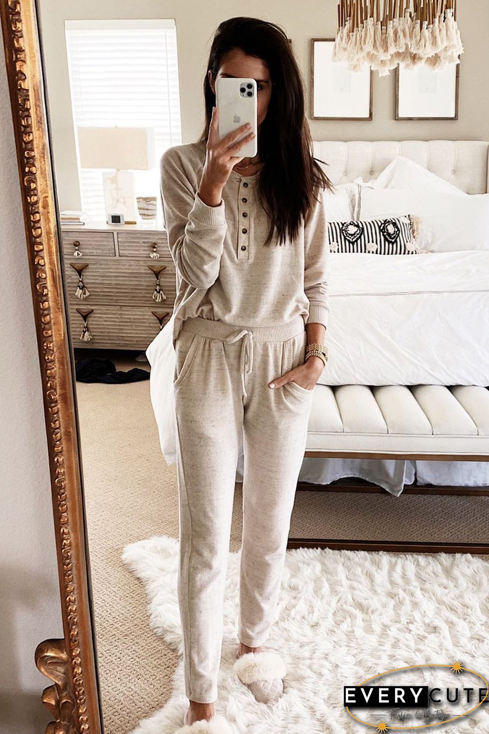 Apricot Long Sleeve Button Top and Drawstring Pants Set