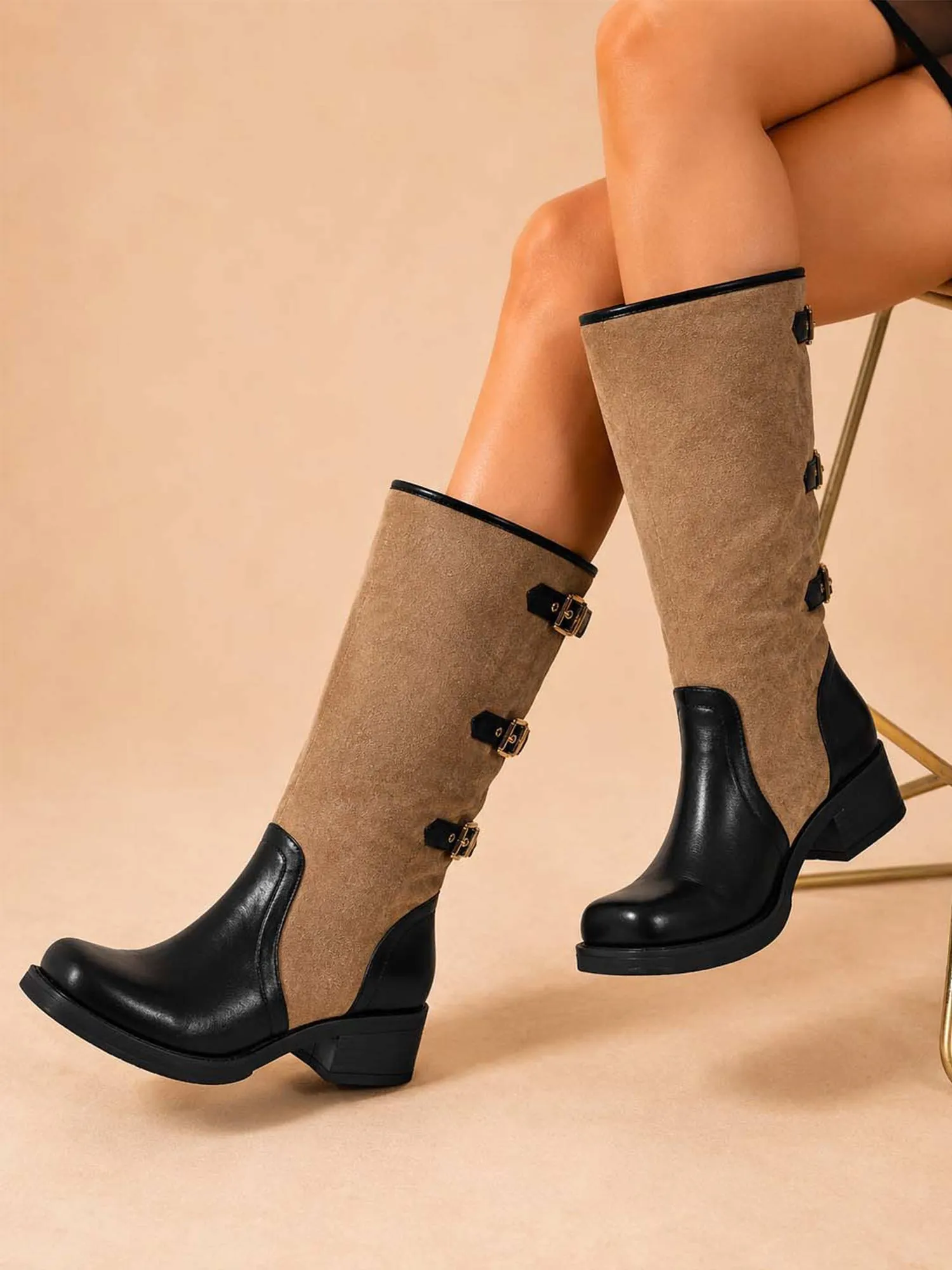 Vintage Patina Contrast Patchwork Triple-Buckle Women's Cowboy Boots