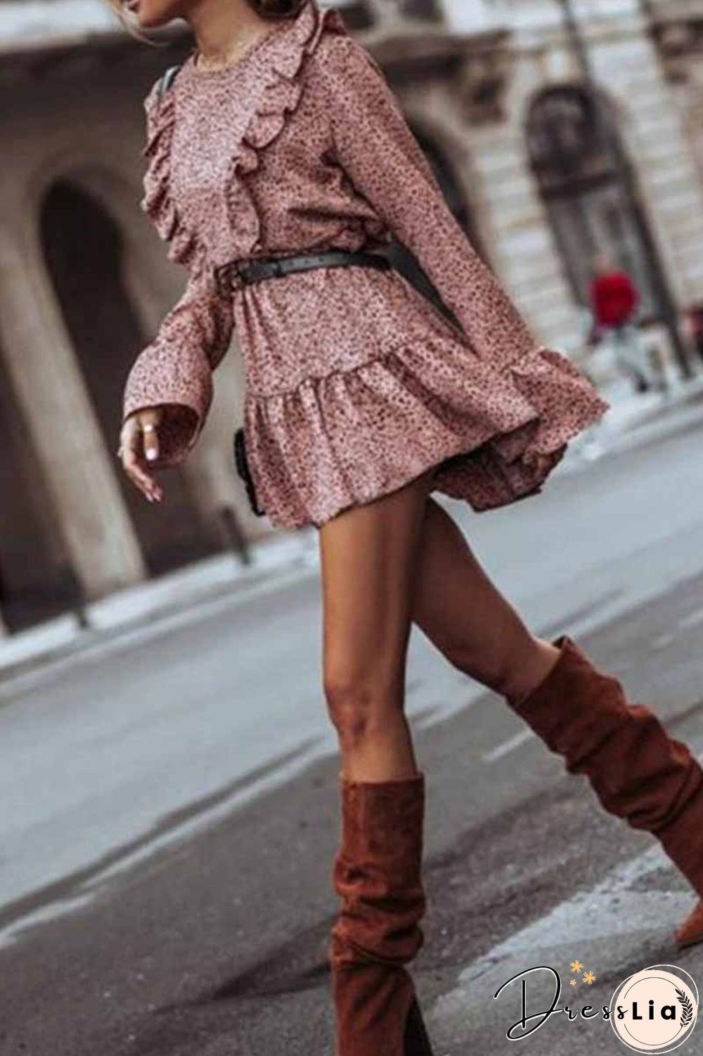 Ruffle Print Long Sleeves Mini Dress
