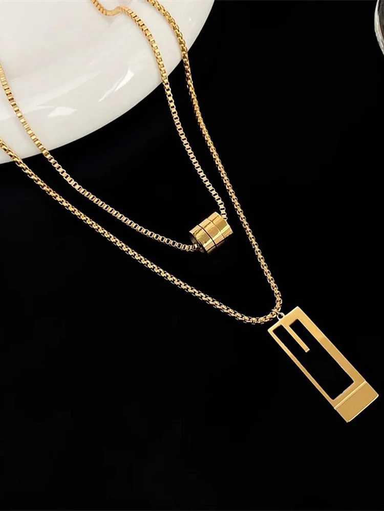 Fashion Double-Layer Square Pendant Steel Chain Necklace