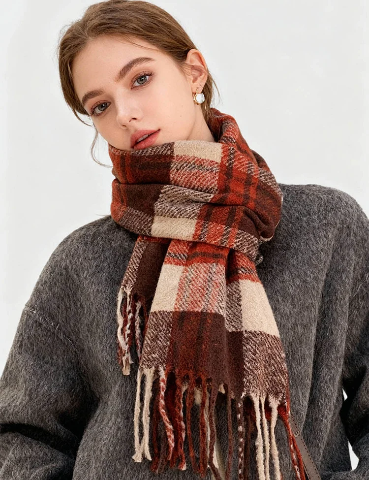 Ladies Vintage Fashion Plaid Pattern Oblong Tassel Knit Scarf