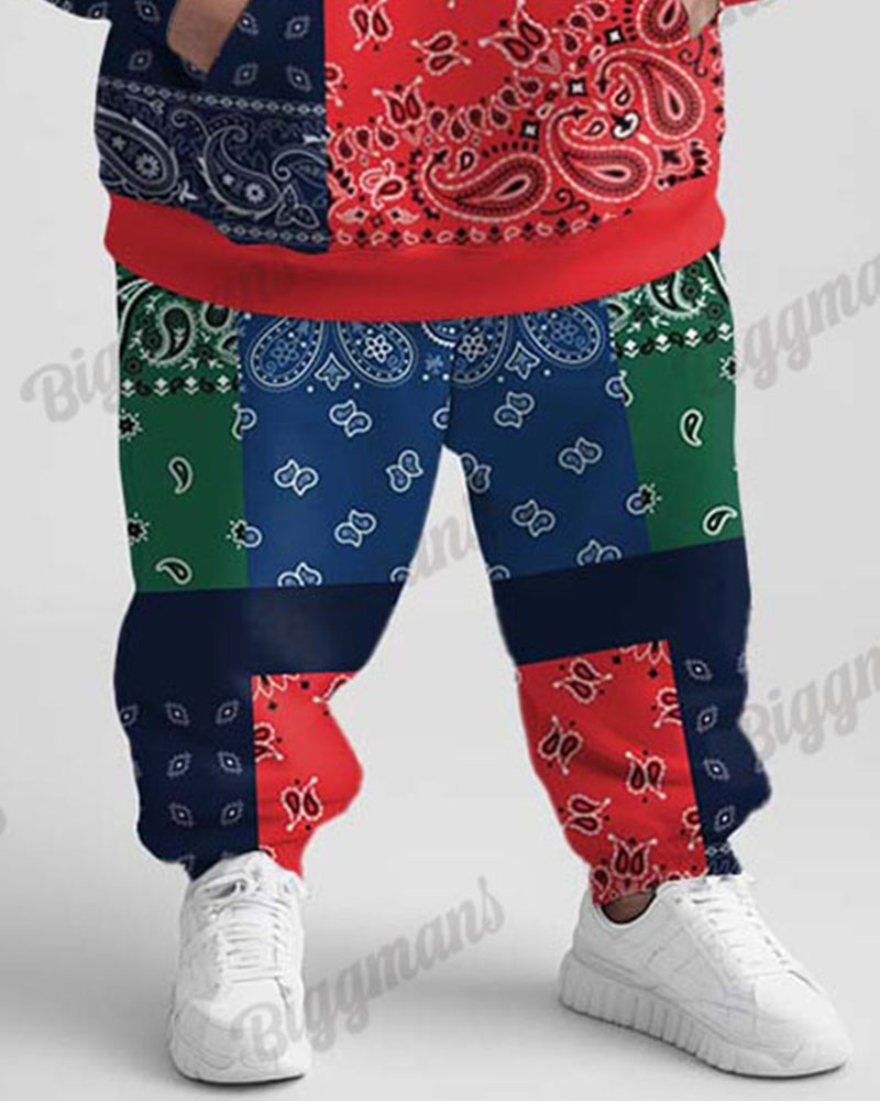 Men's Street Fashion All-match Paisley Splicing Print Plus Size Hoodie Suit