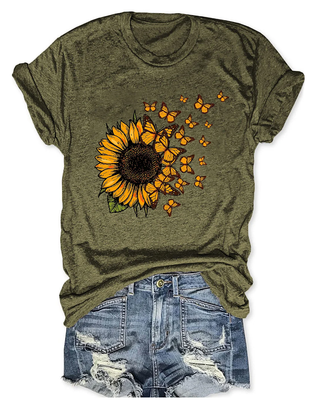 Beautiful Sunflower And Flying Butterflies T-shirt