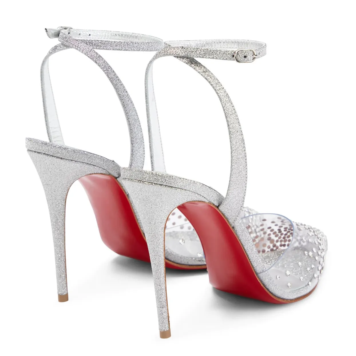 100mm Crystal Embellished PVC Metallic Pointy Toe Red Bottom Pumps Sandals-vocosishoes