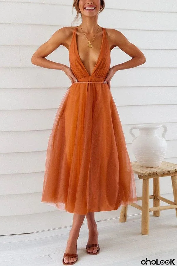 Feeling Romantic V Neck Tulle Midi Dress