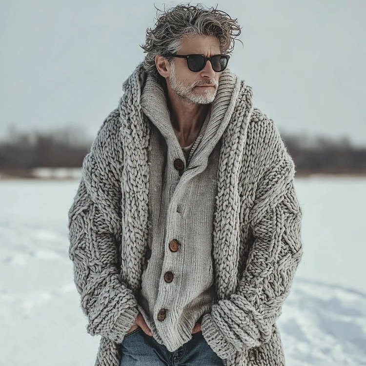 Men's Casual Fairman Island Chunky Knit Hooded Sweater Long Cardigan