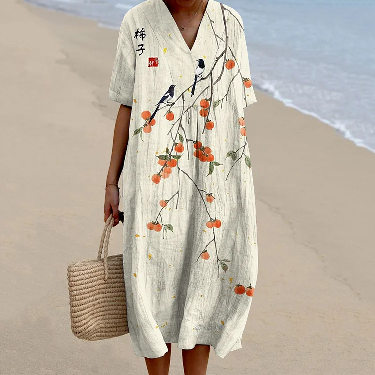 Japanese Art Persimmon Printed Crew Neck Casual Midi Dress