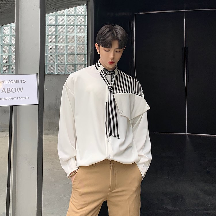 Dawfashion-Striped Stitching Bow Tie Loose Long-sleeved Shirt-Yamamoto Diablo Clothing