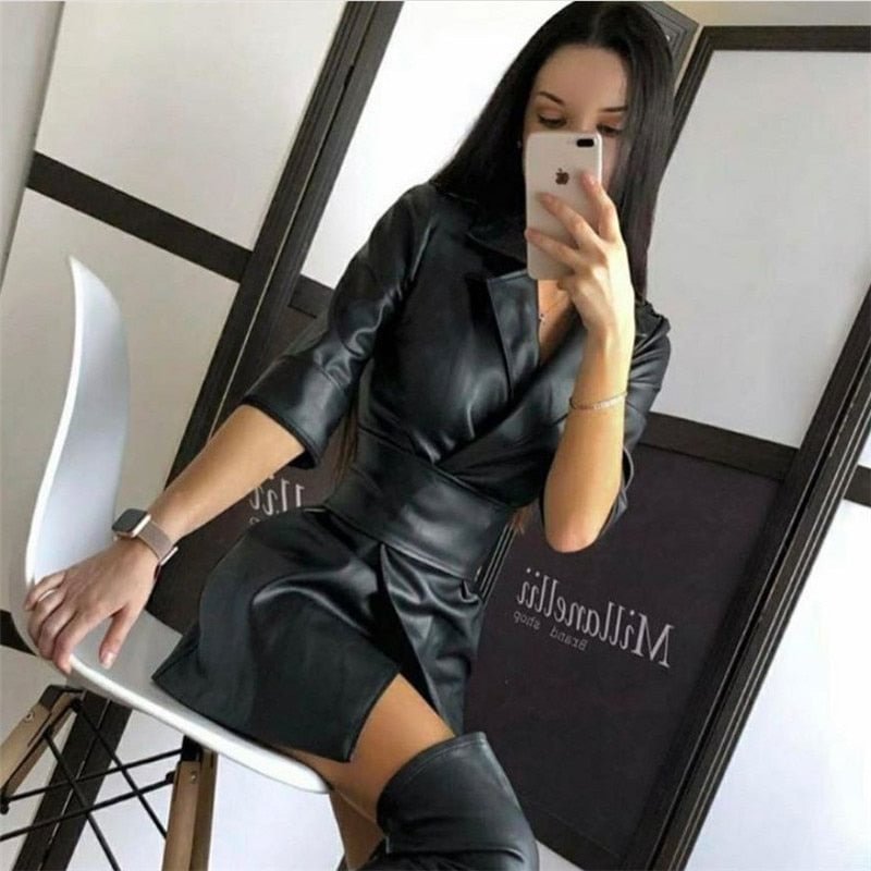 Julissa Mo Black PU Leather Blazer Dress Women Turn-Down Collars With Belt Dresses Office Lady Casual Outfits Autumn Streetwear