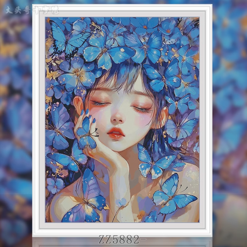 【Metallic Thread】ZZ5882- Blue Butterfly Dream Painting Fairy Cross Stitch