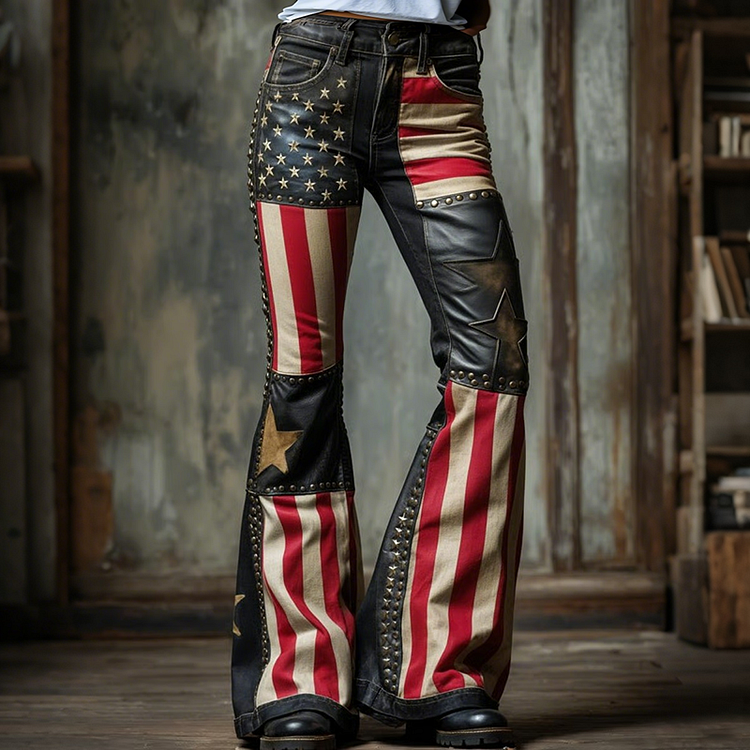 VChics Vintage Independence Day America Flag Patchwork Art Design Jeans