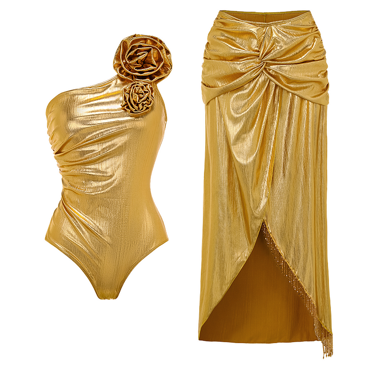 3D Flower Golden Fabric One Piece Swimsuit and Skirt Flaxmaker